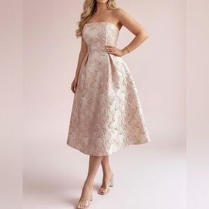 Elegant Floral Midi Tube Top Dress Formal Strapless A Line Party Prom Dress